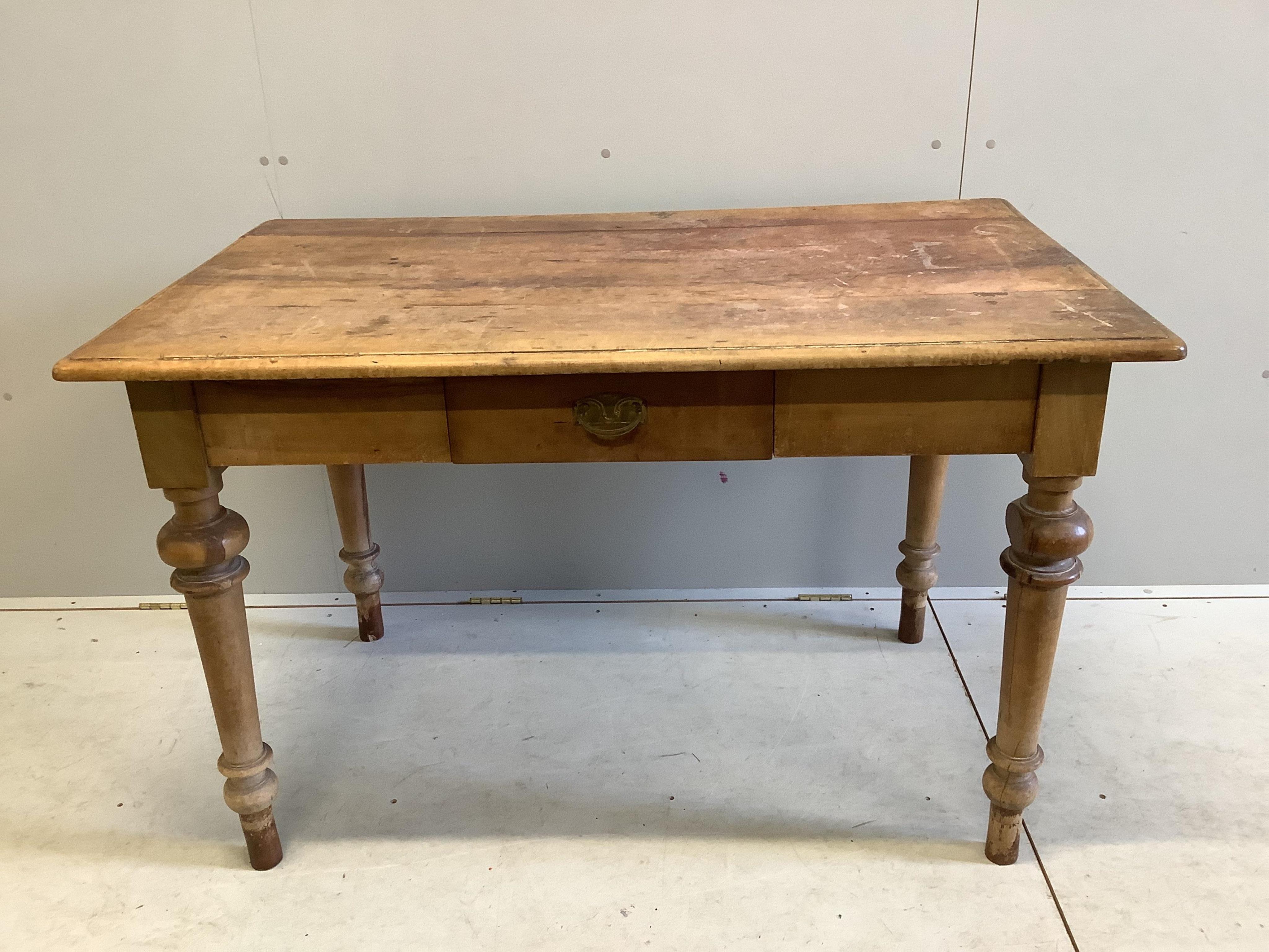 A 19th century French kitchen table with a single drawer, width 127cm, depth 77cm, height 81cm. Condition - fair